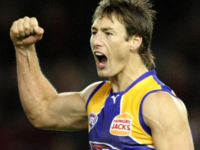 West Coast's Adam Hunter celbrates a goal during the Essendon's Bombers v West Coast Eagles AFL match at Telstra Dome in Melbourne.