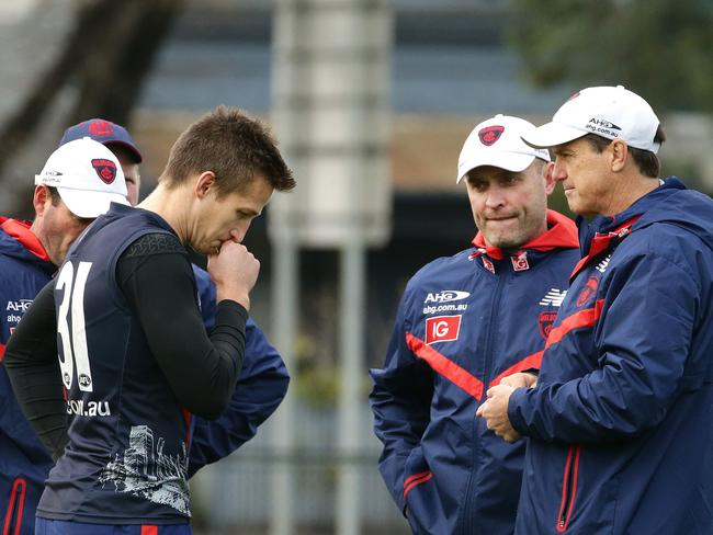 Jack Grimes was kept behind to chat with coaches after training training at Goschs Paddock today. Picture: Andrew Tauber