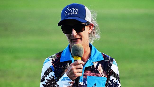 Will’s mother Kelly Murdoch, sporting her son’s own WM Bucking Bulls label, speaks at the conclusion of the Will Murdoch Perpetual Shield rugby league matches at Gilroy Santa Maria College in Ingham on Wednesday. Picture: Cameron Bates