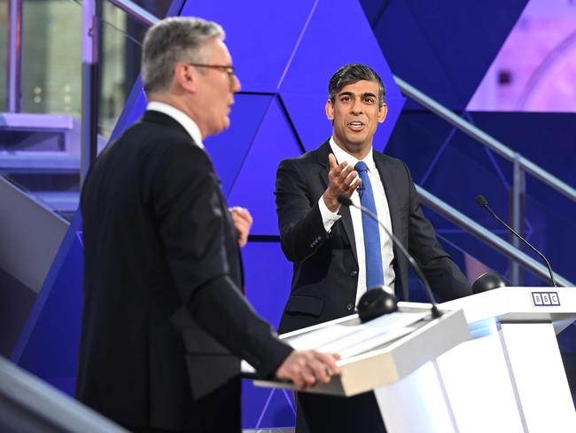 Labour leader Sir Keir Starmer and Prime Minister Rishi Sunak clash in a fiery, final TV debate. Picture: BBC via Getty Images