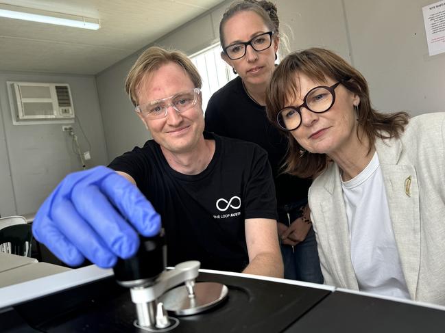 Senior chemist Jacob Fry, drug checking director Sarah Hiley and Acting Minister for Mental Health Mary-Anne Thomas at the pill testing trial facilities at Beyond The Valley. Picture: Alison Wynd