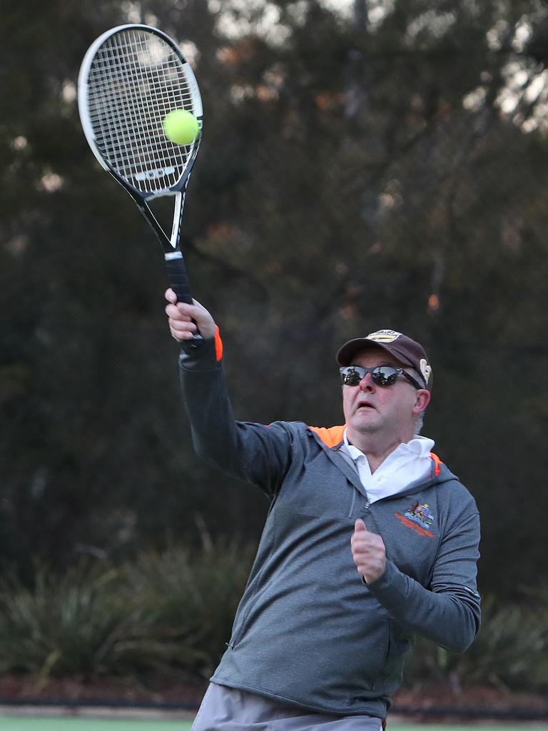 Anthony Albanese playing tennis. Picture: Kym Smith