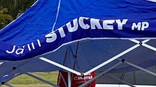 Currumbin MP Laura Gerber seen putting up a marquee at a prepoll station with former MP Jann Stuckey's name on it. Photo: Facebook