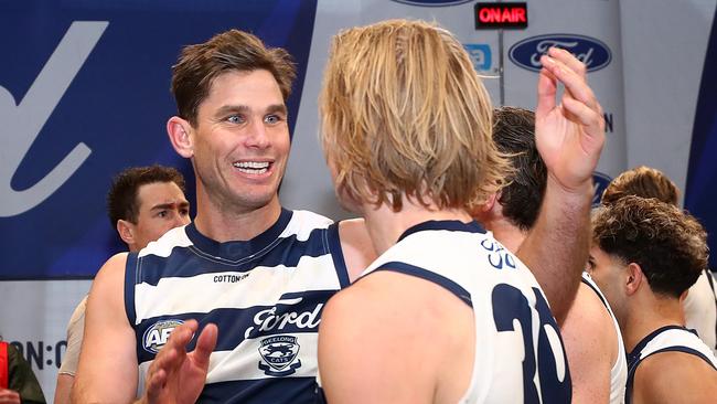 Geelong champion Tom Hawkins provided some stern feedback to his teammates just before half time against Brisbane. Picture: Kelly Defina/Getty Images