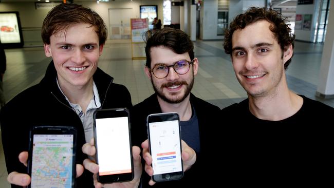 Parallel Parking chief financial officer Peter Carey with app creators Alex Peck and Jack Perkins. Picture: Peter Kelly.