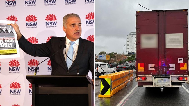 Business Sydney CEO Paul Nicolaou, left, and the latest truck to trigger chaos at the Sydney Harbour Tunnel. Pictures: News Corp/NSW Police