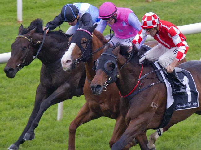 That's a good idea ridden by Tye Angland (red)   wins race 5 during Randwick Races. Pic Jenny Evans