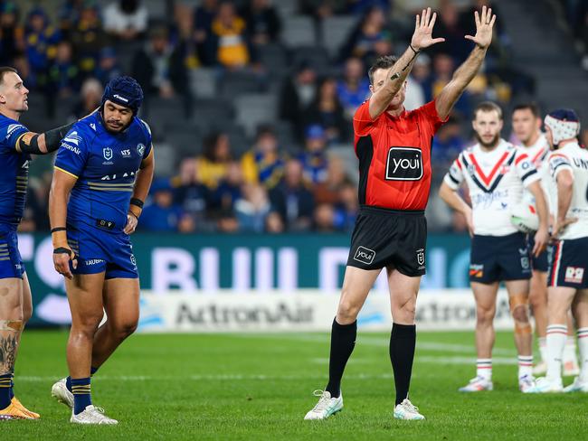 Kelma Tuilagi was lucky not to be sent off just minutes into the clash after a shocking dangerous throw on Lindsay Collins. Picture: NRL Imagery