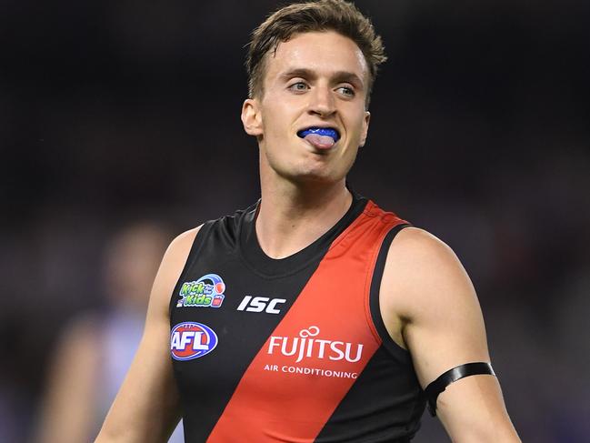 Orazio Fantasia  of the Bombers reacts after kicking a goal during the Round 5 AFL match between the North Melbourne Kangaroos and the Essendon Bombers at Marvel Stadium in Melbourne, Friday, April 19, 2019. (AAP Image/Julian Smith) NO ARCHIVING, EDITORIAL USE ONLY