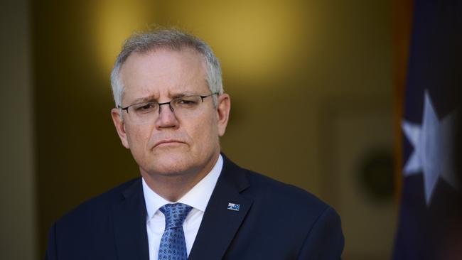 Scott Morrison addresses a press conference at Parliament House, Canberra.