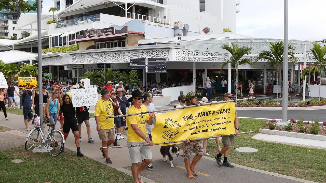 A Freedom Rally was held on the Esplanade north of Muddy's on Saturday, before around 700 supporters marched down the Esplanade and past the children's playground, down to the lagoon and back. PICTURE: Brendan Radke