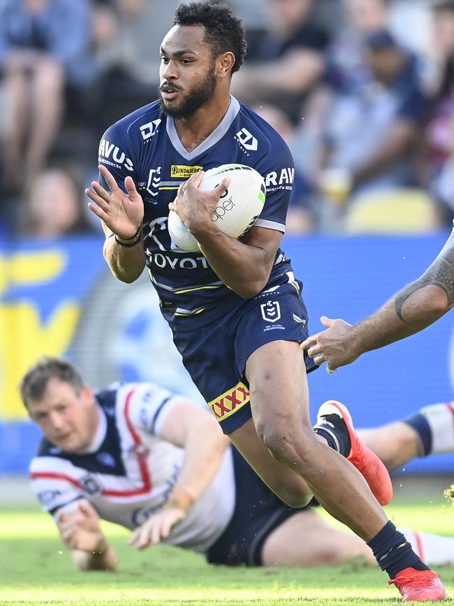 Hamiso Tabuai-Fidow of the Cowboys makes a break during the round 18 NRL match between the North Queensland Cowboys and the Sydney Roosters. (Photo by Ian Hitchcock/Getty Images)