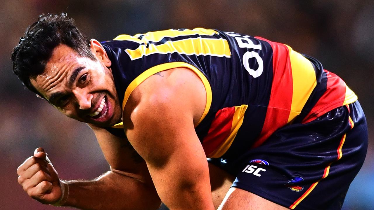 ADELAIDE, AUSTRALIA - MAY 05: Eddie Betts of the Adelaide Crows celebrates the final siren during the round seven AFL match between the Adelaide Crows and the Fremantle Dockers at Adelaide Oval on May 05, 2019 in Adelaide, Australia. (Photo by Mark Brake/Getty Images)