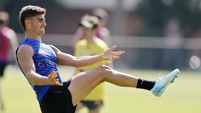 NCA. MELBOURNE, AUSTRALIA. 6th February, 2025 . North Melbourne training at Arden Street.  Harry Sheezel of the Kangaroos kicks at goal    .  Picture: Michael Klein