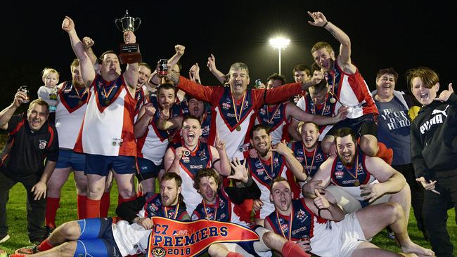 Eastern Park Football Club celebrates after claiming the C7 League premiership. Picture: Bianca De Marchi/AAP