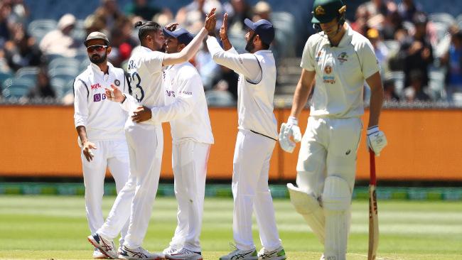 Mohammed Siraj celebrates the wicket of Cameron Green on day four.