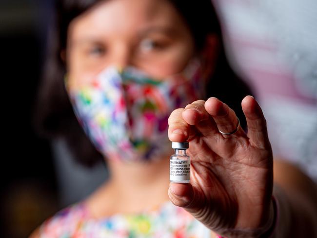 Health Minister Natasha Fyles with a vial of the Covid-19 vaccine. Picture: Che Chorley