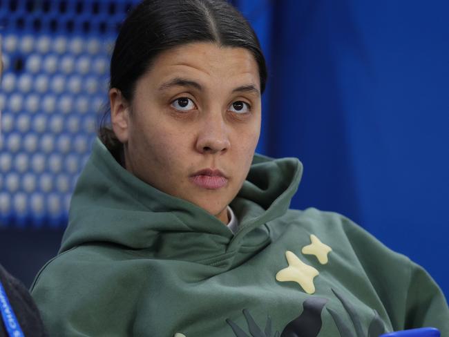LONDON, ENGLAND - MARCH 27: Sam Kerr of Chelsea Women watches on from the stands during the UEFA Women's Champions League Quarter Finals Second Leg match between Chelsea FC and Manchester City at Stamford Bridge Stadium in London, England on March 27, 2025. (Photo by Crystal Pix/MB Media/Getty Images)