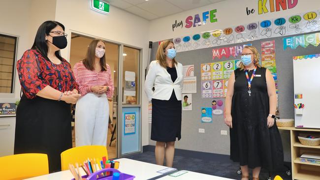 Education Minister Grace Grace, Gaven Mp Meaghan Scanlon, Premier Annastacia Palaszczuk and Principal Kate Hucker inside a classroom at the new Coomera State Special School.