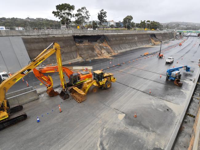 A general view of the collapsed wall at the new Darlington upgrade motorway in the South of Adelaide, Thursday, May 9, 2019. (AAP Image/David Mariuz) NO ARCHIVING