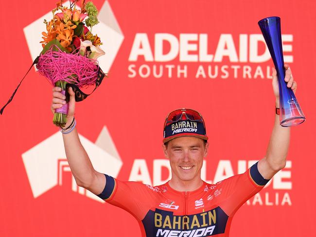 WILLUNGA HILL, VICTORIA - JANUARY 20:  Rohan Dennis of Australia and Team Bahrain-Merida celebrates on the podium during the 21st Santos Tour Down Under 2019, Stage 6 a 151,5km stage from McLaren Vale to Willunga Hill 374m / TDU / on January 20, 2019 in Willunga Hill, Australia.  (Photo by Daniel Kalisz/Getty Images)