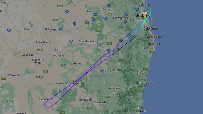 Flight radar for Adelaide-bound VA1388 from Brisbane shows the plane turned around over central NSW. Picture: flightrader24