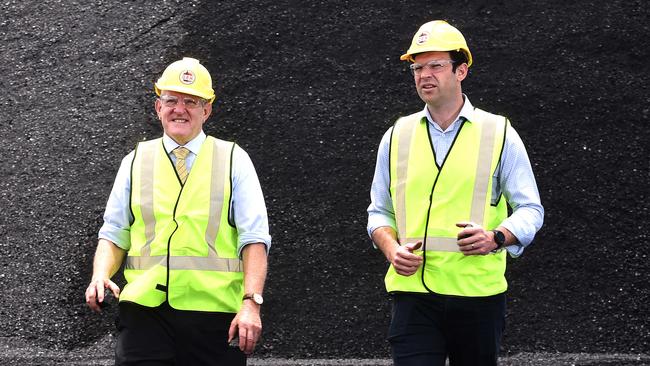 Resources Minister Matt Canavan, with Queensland Resources Council CEO Ian Macfarlane, will head to India on Sunday to try find more buyers for Australian coal. Picture: AAP/John Gass