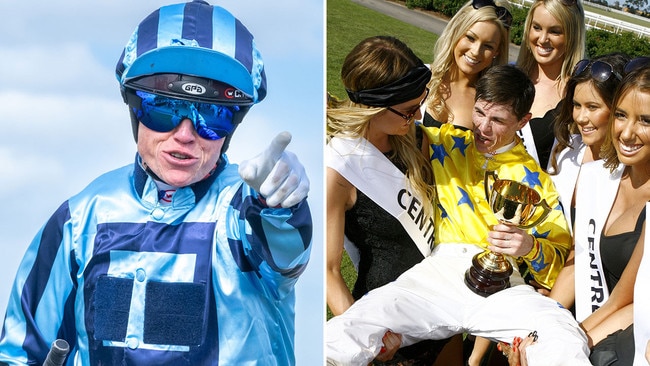 Craig Williams salutes after winning the 2024 Geelong Cup aboard Onesmoothoperator (left) and he gets some affection from the locals after winning the 2011 Geelong Cup aboard Dunaden.