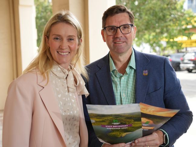 Toowoomba deputy mayor Rebecca Vonhoff and mayor Geoff McDonald discuss the council's request for $90m from both the state and federal governments to help pay for the Cressbrook Dam safety upgrades.