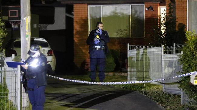 Police at Muller’s Eastern Creek home where her then-partner Sosiua Tonga allegedly fatally stabbed a 34-year-old man. Picture: Steve Tyson