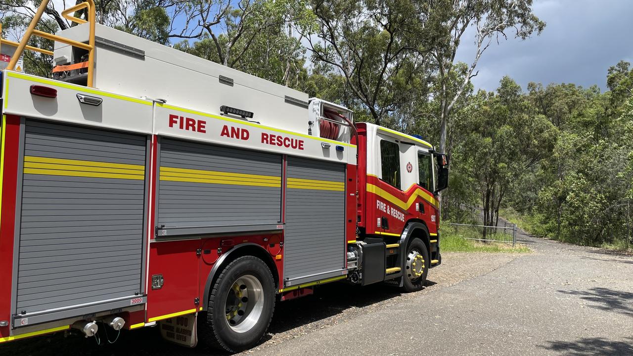 A Queensland Fire Department truck parked at Rogar Avenue in North Rockhampton where ambulance paramedics have gained access to the First Turkey mountain bike trails to reach an injured rider.