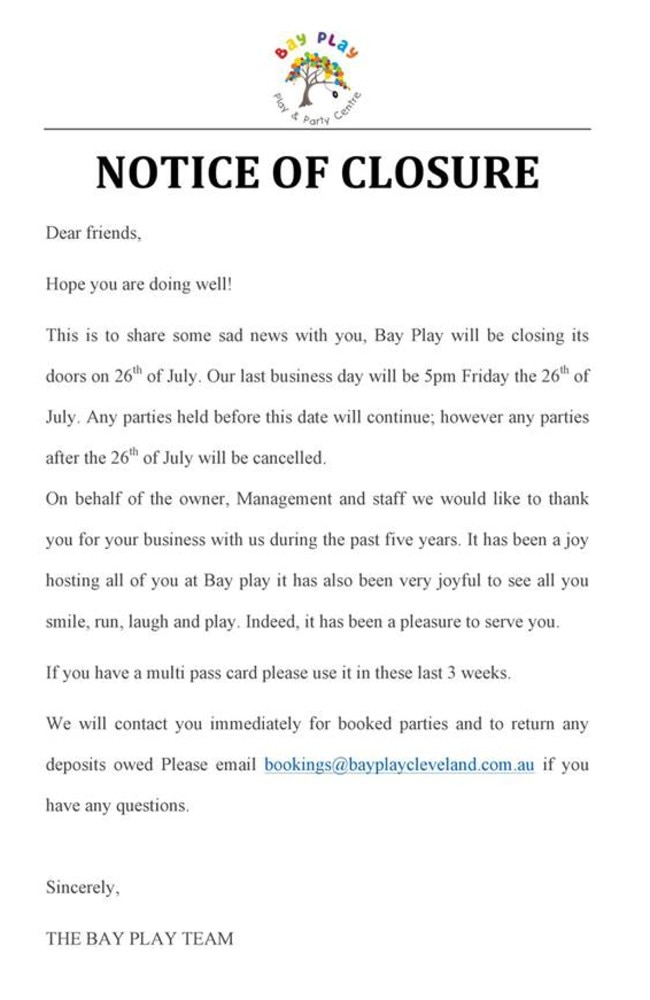 Bay Play's notice of closure posted on their Facebook page on July 3. Picture: Facebook