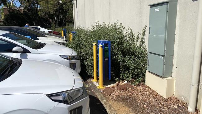 A row of EV chargers in Victoria blocked by cars. Picture: Facebook