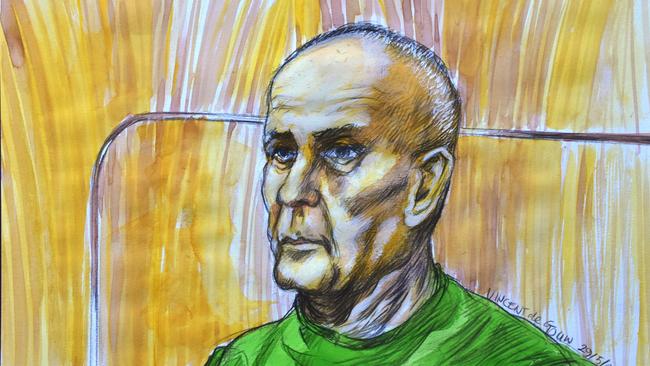 A sketch of Chris Dawson from the carnal knowledge trial. Part way through proceedings he was given permission to view the trial from Long Bay jail by video link rather than attending in person, due to a medical complaint.