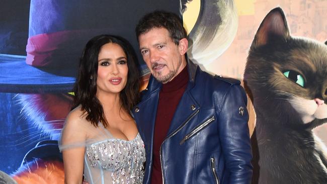 Spanish actor Antonio Banderas and US-Mexican actress Salma Hayek arrive for the New York premiere of Puss in Boots: The Last Wish. Picture: AFP