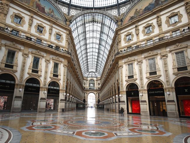 An empty Vittorio Emanuele II gallery shopping arcade, in downtown Milan, Italy. The first cases of the coronavirus were detected in Italy on January 29. Picture: AP