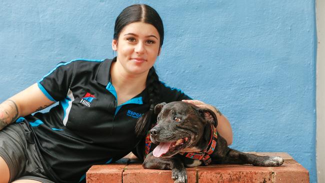 RSPCA Darwin worker Alicia Pace and 12-year-old staffy Jimmy at their centre in Berrimah. Picture: GLENN CAMPBELL