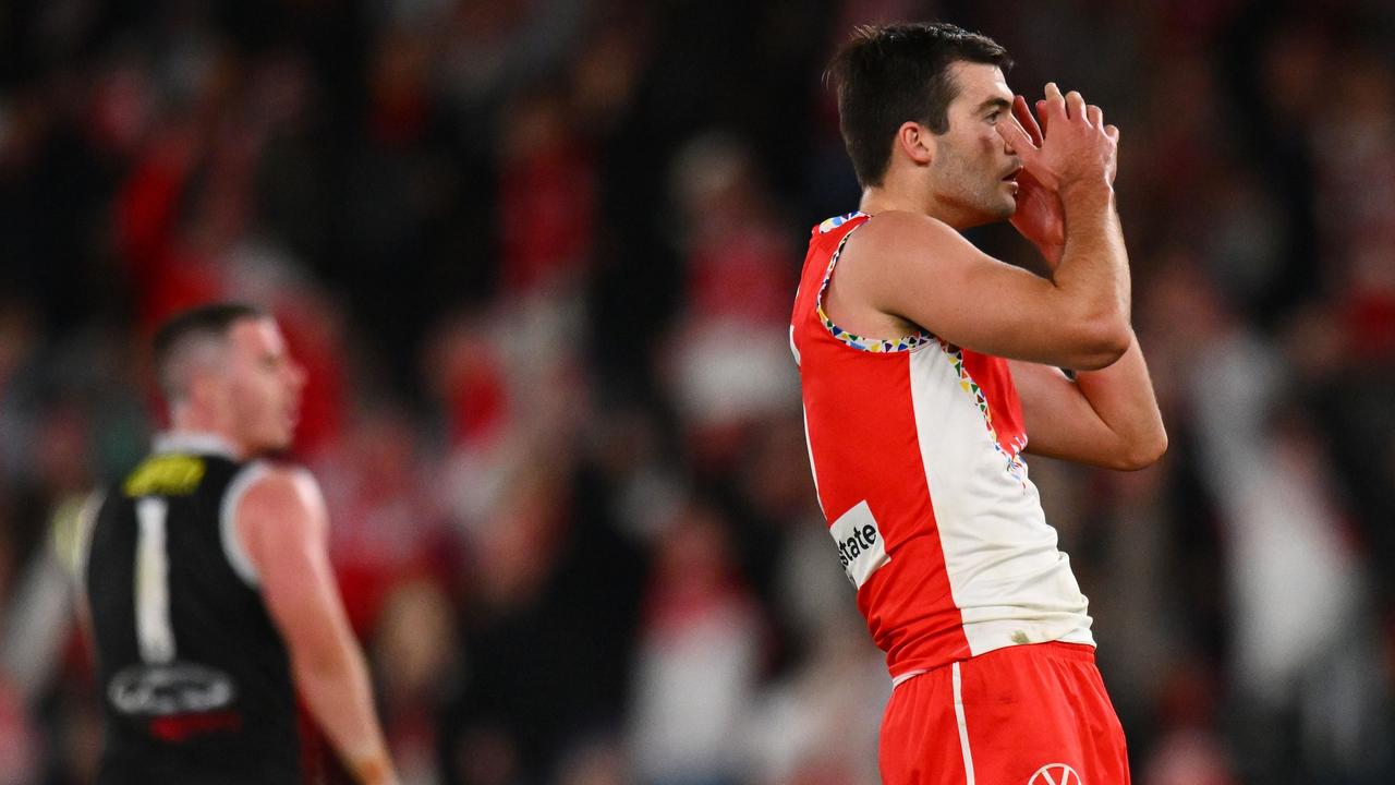 Logan McDonald has a chance to win the game but missed. (Photo by Morgan Hancock/AFL Photos/via Getty Images)