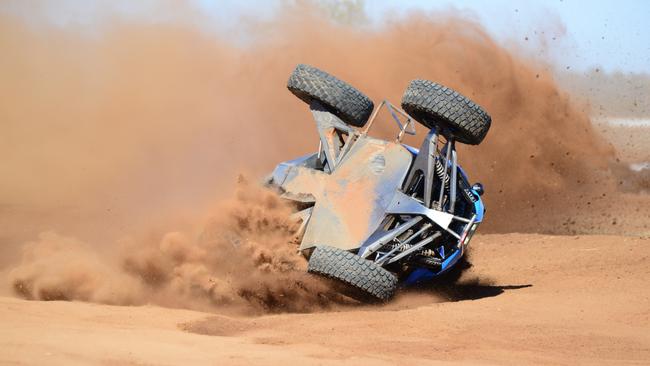 Jack Rhodes roll at the chicane of the 2019 Tatts Finke Desert Race Prologue Picture: Mark Rooney