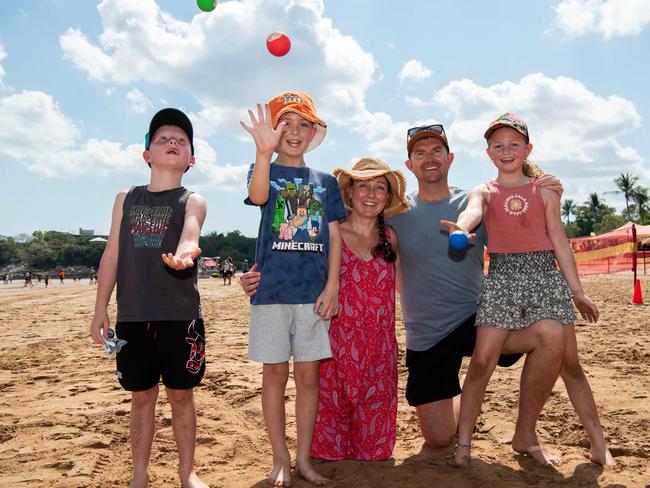 Dee Hunter, Andrew Hunter, Jack Hunter, Tilly Hunter and Cooper Morgan at the Darwin Beer Can Regatta at Mindil Beach, 2024. Picture: Pema Tamang Pakhrin