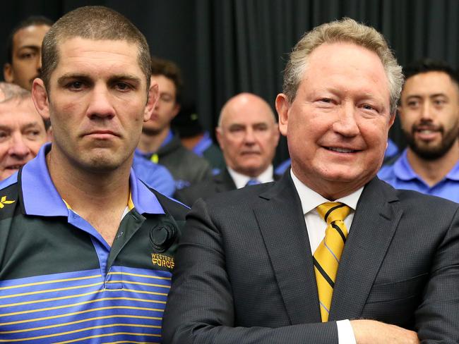 5/09/2017Matt Hodgson Force 2017 captain, Andrew Forrest and David Wessels coach 2017.Andrew Forrest , Western Force coaching staff, players, administration staff and board members meet at RugbyWA Hq to discuss what they are to do after western Force lost their court case, at Floreat.pic Colin Murty The Australian