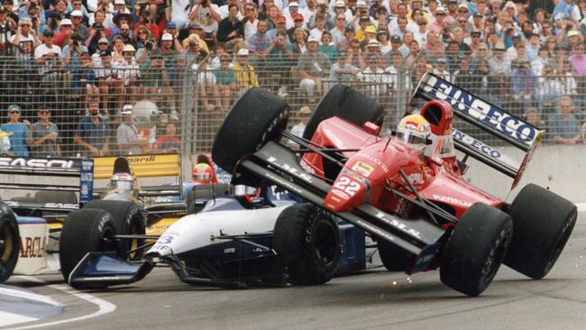 The Australian F1 Grand Prix in Adelaide in 1991 – Dallara-Ferrari driver Pierluigi Martini crashes over the top of Tyrrell-Ilmor driver Olivier Grouillard on the first lap. Picture: Kevin Bull