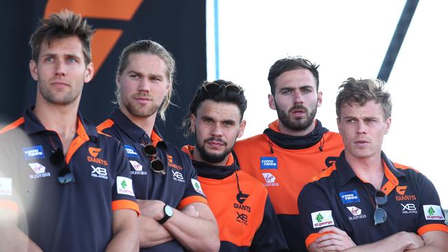 Giants players Matt de Boer, Harry Himmelberg, Zac Williams, Jeremy Finlayson and Adam Kennedy before last year’s AFL decider. Pic: Phil Hillyard