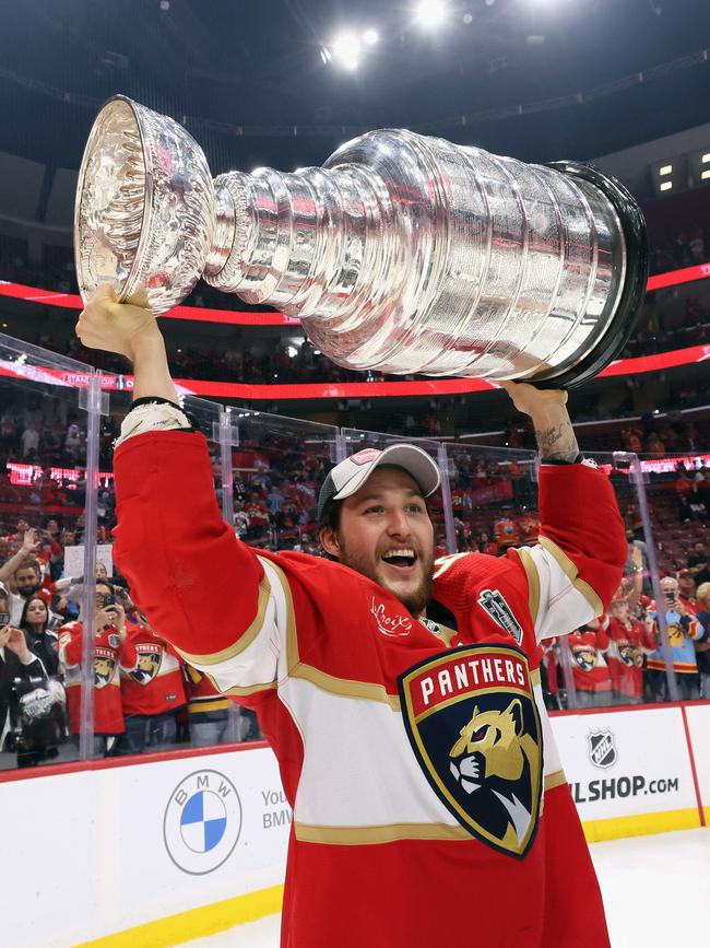 It’s the first time the Panthers have held the trophy aloft. Photo: Bruce Bennett/Getty Images/AFP