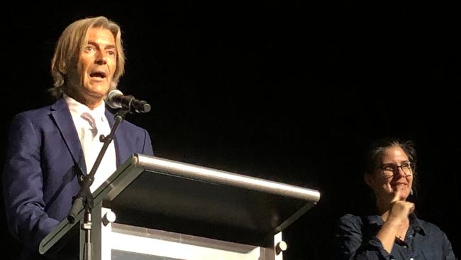 AUSTRALIA DAY AMBASSADOR: Composer and conductor George Ellis spoke movingly about what being Australian meant to him, supported by Auslan interpreter Belinda Roberts. Photo: Alison Paterson