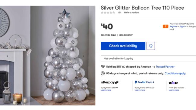 The balloon Christmas tree also comes in a winter silver theme. Image: Big W