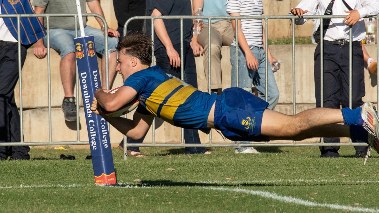 Trace Beattie scores a try for TGS. 2024 O'Callaghan Cup at Downlands College. Photo by Nev Madsen