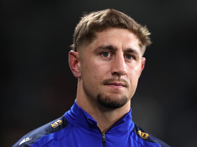 SYDNEY, AUSTRALIA - MAY 08: Zac Lomax of the Eels looks on before the round 10 NRL match between the Parramatta Eels and Dolphins at CommBank Stadium on May 08, 2025, in Sydney, Australia. (Photo by Matt King/Getty Images)