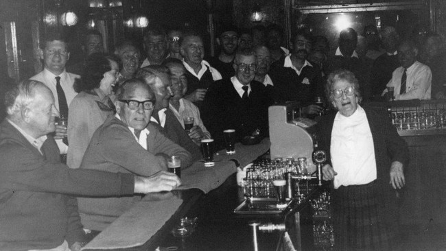 Mrs Clat in the bar of the Sawyers Arms in the 1980s.