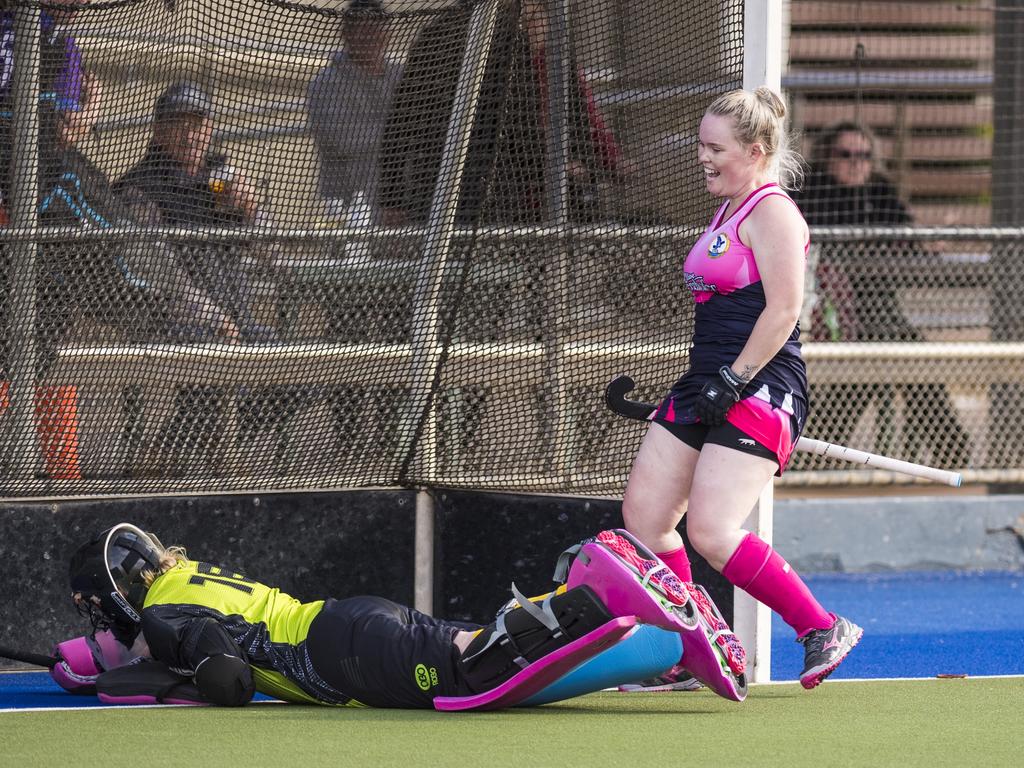 Emily Manhire scores for Toowoomba 2 against Townsville in Hockey Queensland Championships at Clyde Park, Saturday, May 1, 2021. Picture: Kevin Farmer